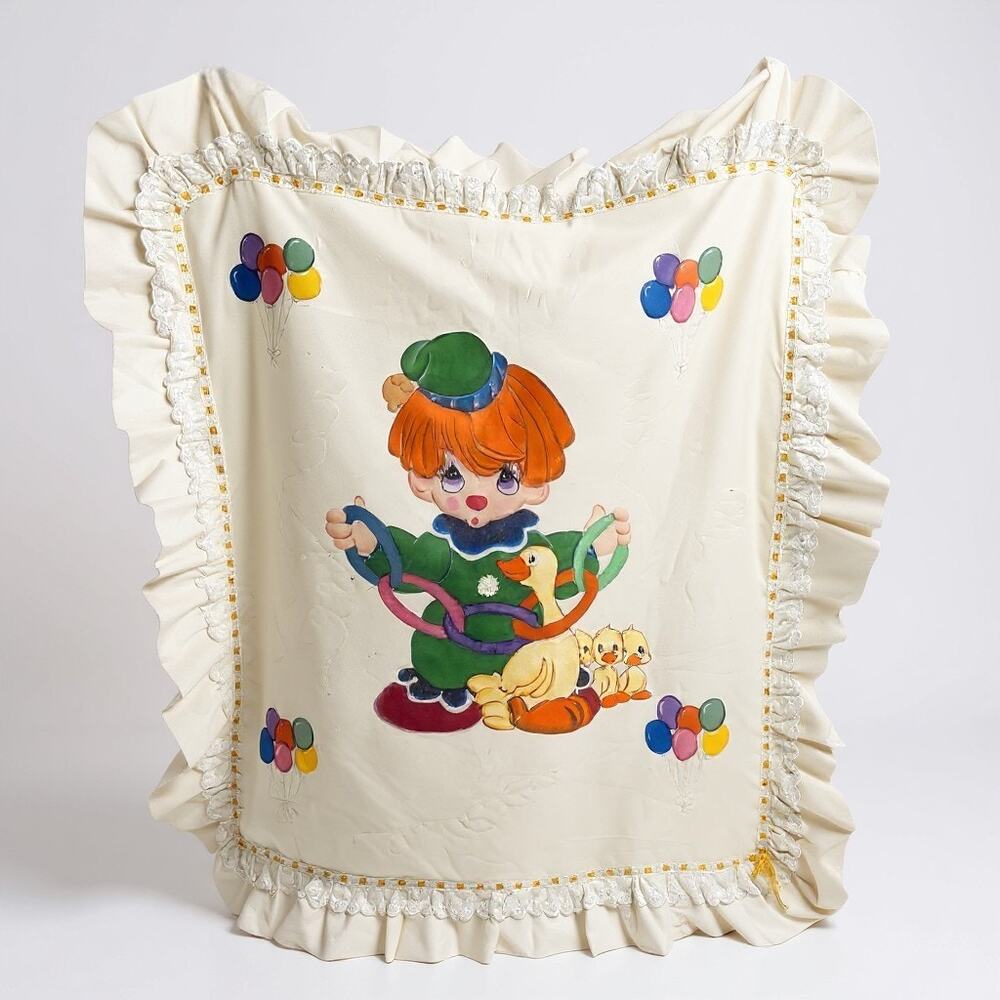 Vtg 45x39 Hand Painted and Sewn Sweet Child Clown & Duck/Ducklings Lace & Ribbon